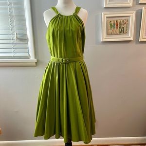 Green vintage reproduction Pinup Couture dress with belt, size L